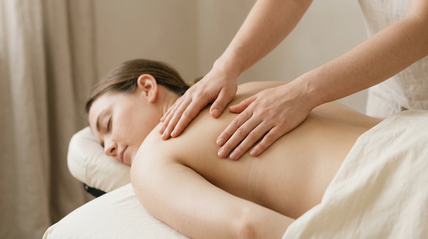 Massage therapist performing a back massage