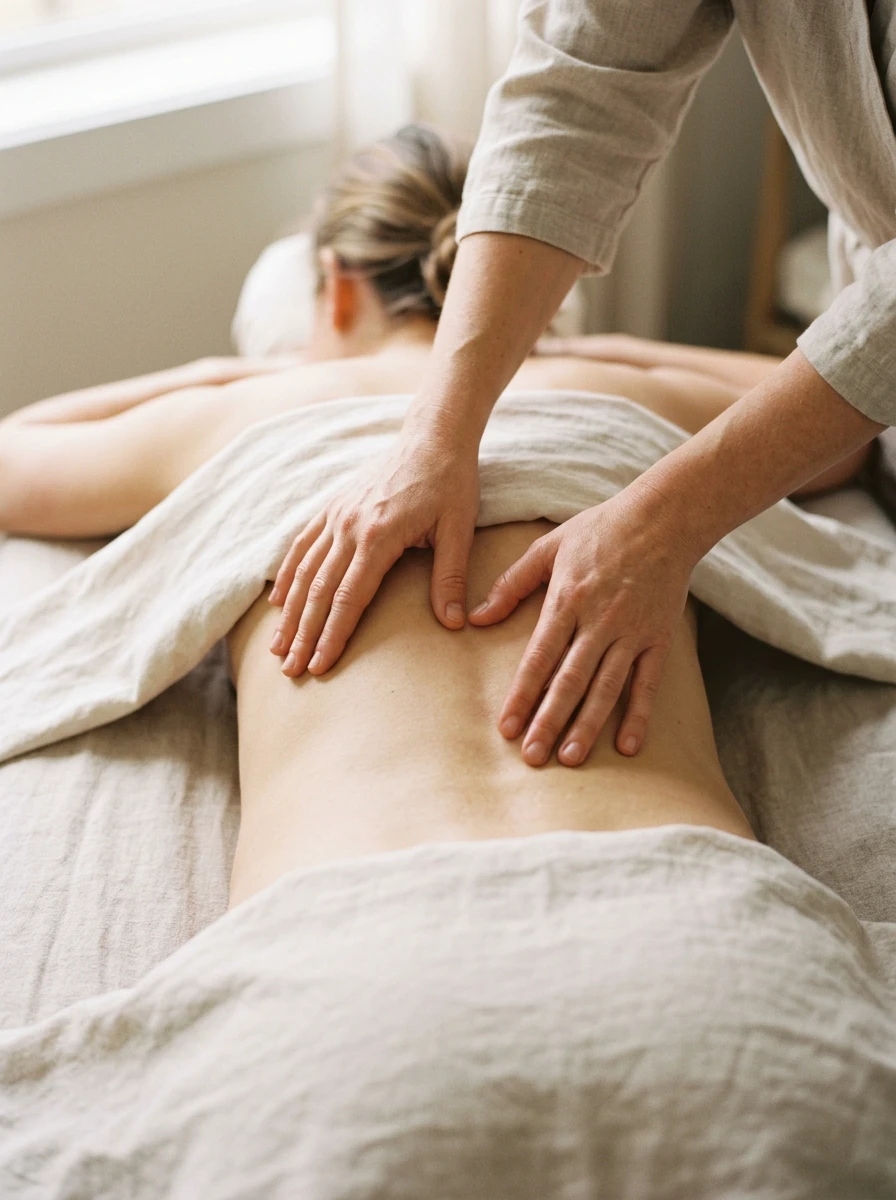 Massage therapist working with a client